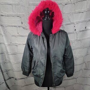 Calvin Klein Girls Winter Puffer Coat Jacket Green Faux Fur Pink Trim Hooded 12